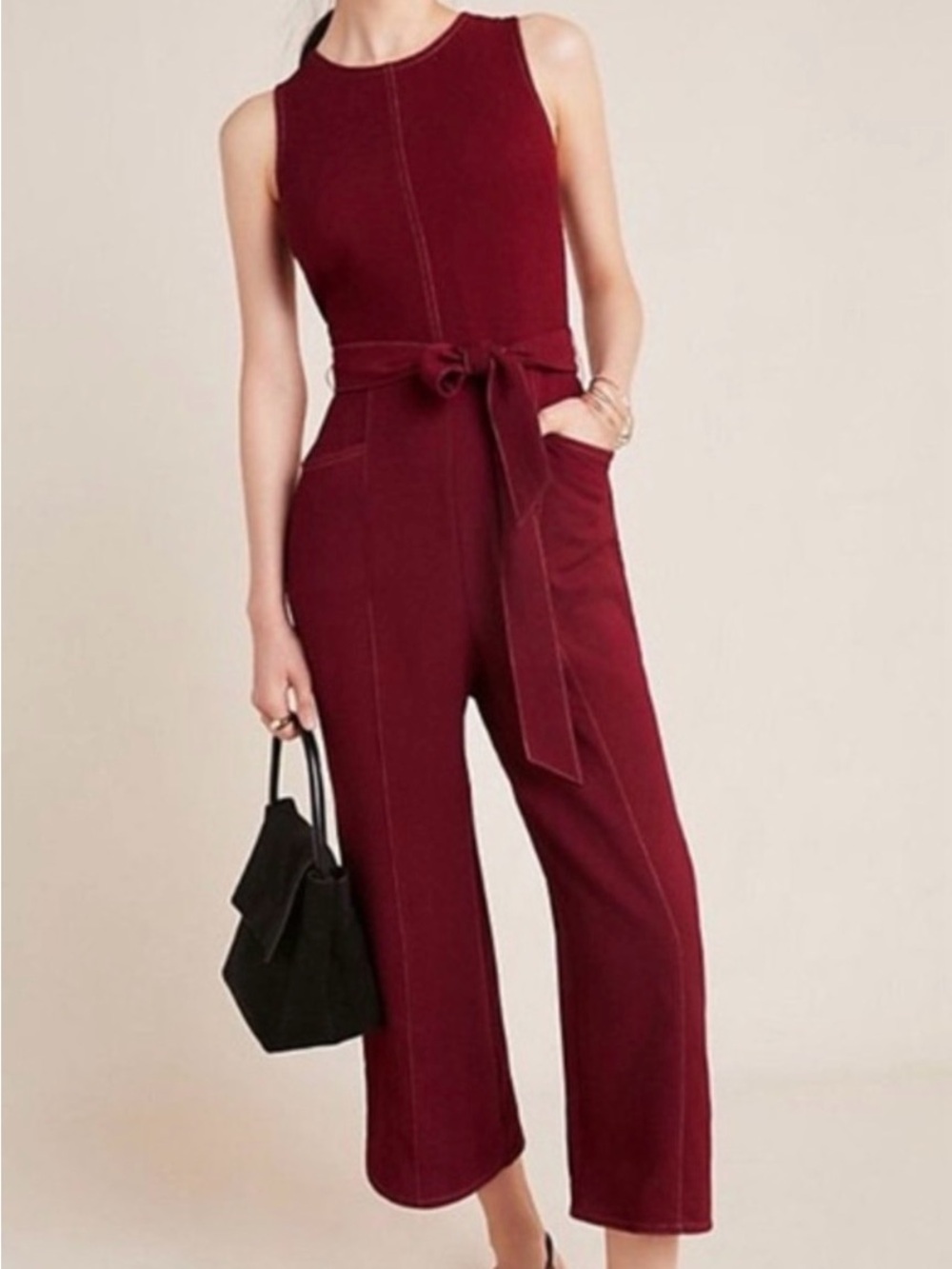 Greylin Sleeveless Tie-Waist Wide-Leg Jumpsuit in Burgundy
